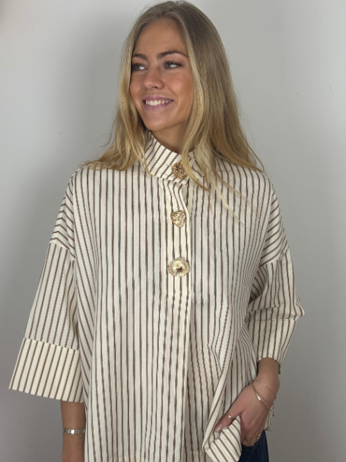 Klara High Neck Blouse 3/4 Ærme Brown Stripe