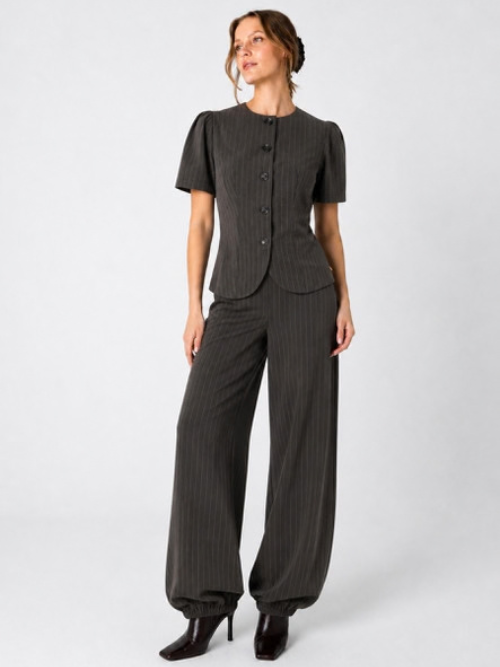 Pinstriped Blazer w.Puff Sleeves Grey 
