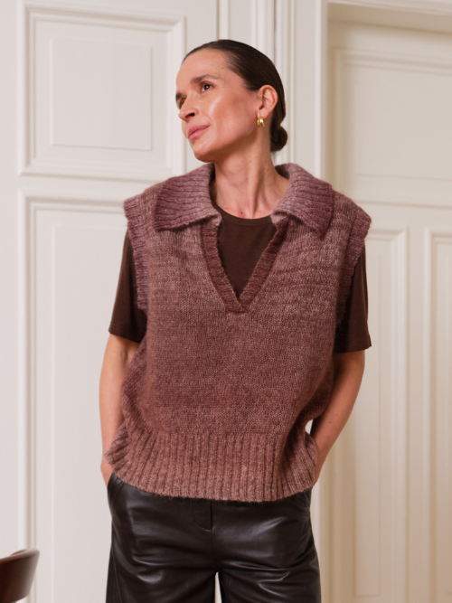 Nanna Split Collar Vest Knit Black Coffee Melange